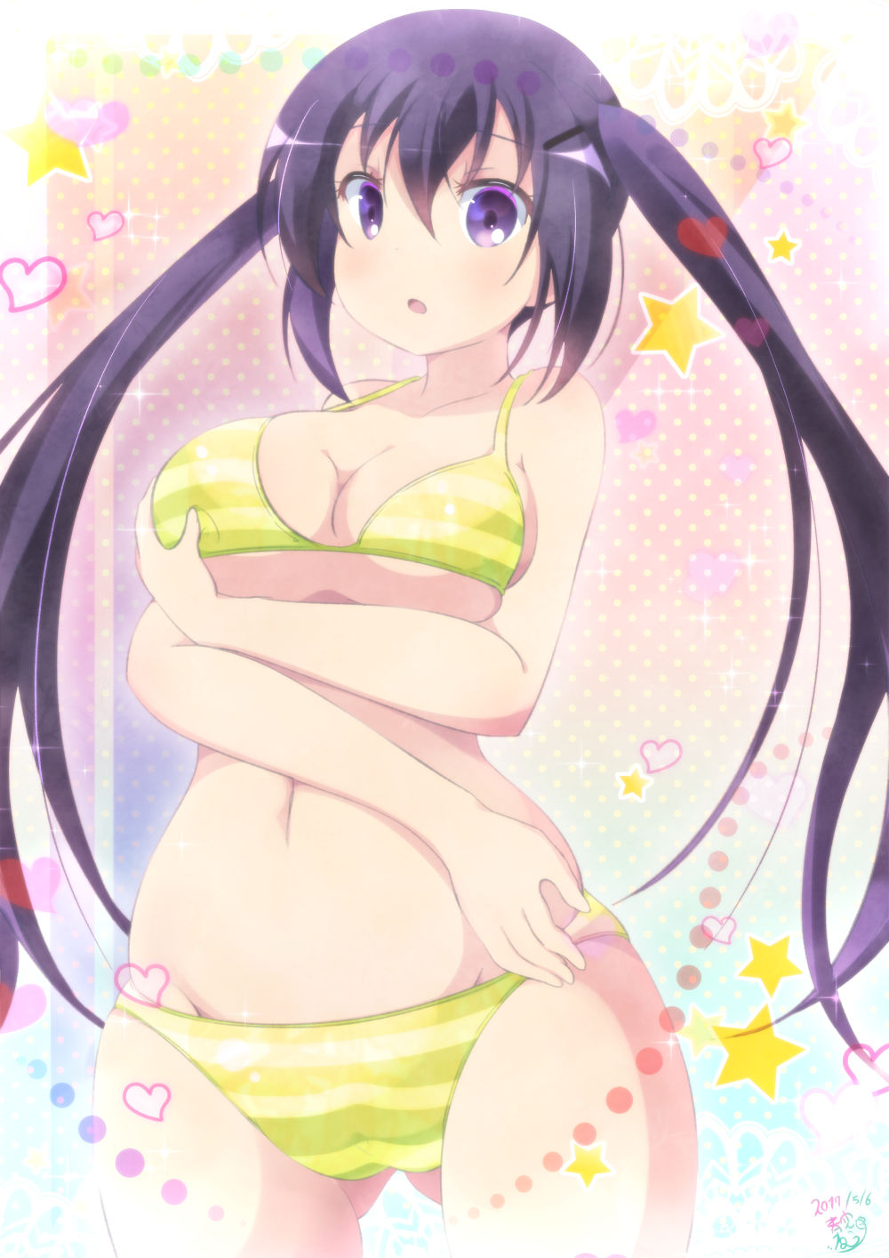 1girl, :o, aosora_neko, artist_name, bangs, bikini, blush, breast_hold