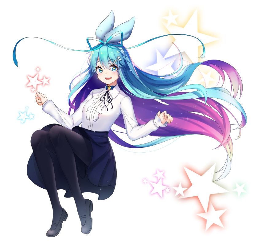 1girl, absurdly_long_hair, black_legwear, blue_eyes, blue_hair, blue_ribbon, blush, commission