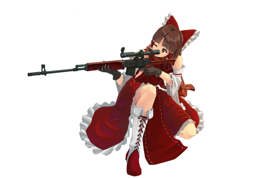 1girl, benikurage, blush, boots, bow, brown_eyes, brown_gloves, brown_hair