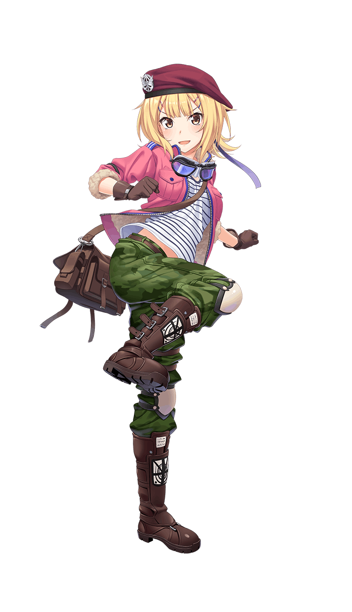 >:d, 1girl, :d, alise_flockheart, bag, beret, blonde_hair, boots, brown_boots, brown_gloves, formation_girls, full_body, gloves, goggles, goggles_around_neck, green_pants, hat, highres, official_art, open_mouth, orange_eyes, pants, pink_jacket, red_hat, shirt, short_hair, smile, solo, striped, striped_shirt, tenkuu_nozora, transparent_background