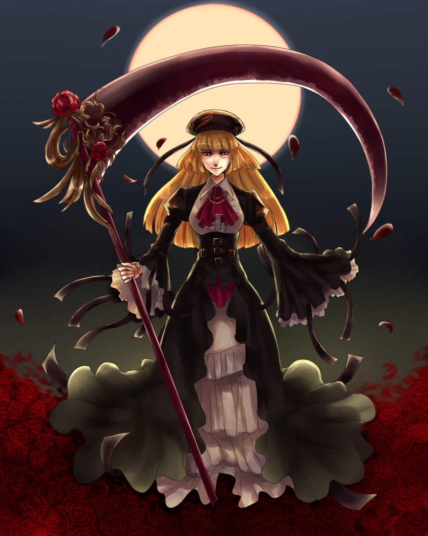 blonde_hair, flower, hat, long_hair, melting_scarlet, moon, rose, scythe