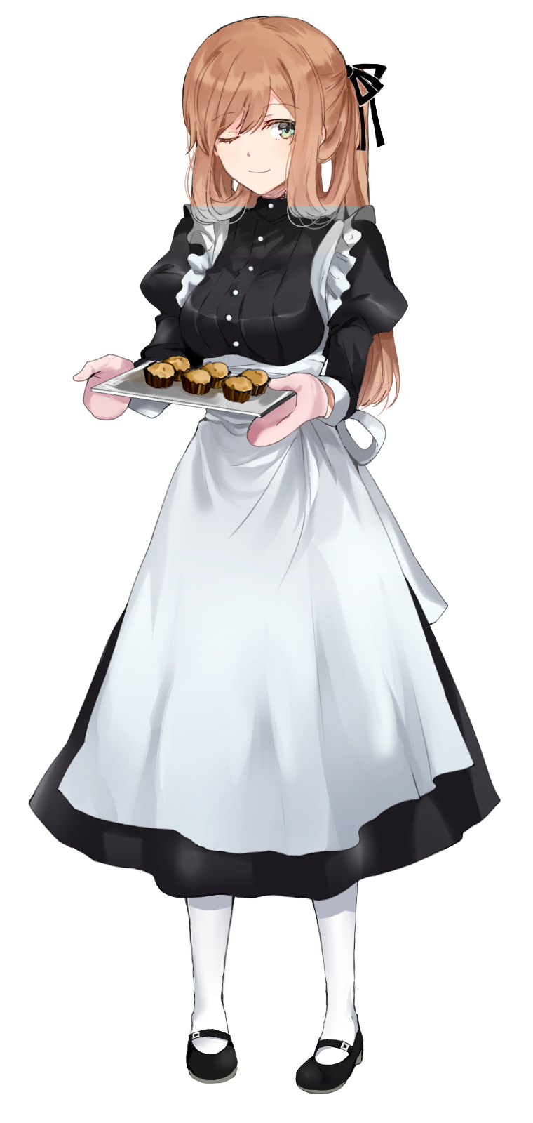 1girl, apron, bangs, black_ribbon, black_shoes, brown_hair, closed_mouth, cupcake, food, frilled_apron, frills, full_body, girls_frontline, green_eyes, grey_background, hair_ribbon, highres, holding, holding_tray, juliet_sleeves, long_hair, long_sleeves, looking_at_viewer, m1903_springfield_(girls_frontline), maid, mary_janes, mittens, one_eye_closed, pantyhose, puffy_sleeves, retto, ribbon, shoes, sidelocks, simple_background, smile, solo, standing, tray, white_legwear
