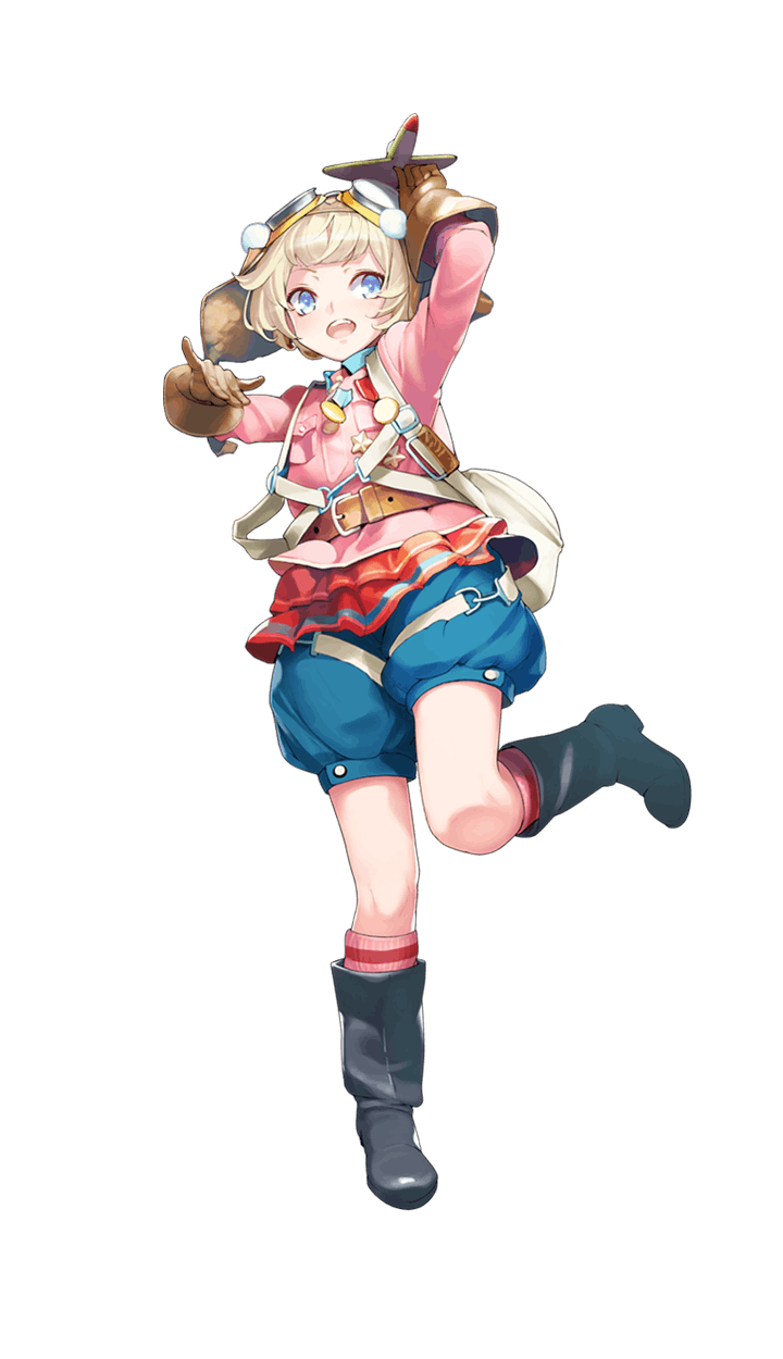 1girl, :d, agrippina_lechcalova, ataruman, aviator_cap, black_boots, blonde_hair, blue_eyes, boots, brown_gloves, formation_girls, full_body, gloves, goggles, goggles_on_headwear, highres, official_art, open_mouth, pink_legwear, short_hair, smile, solo, toy_airplane, transparent_background