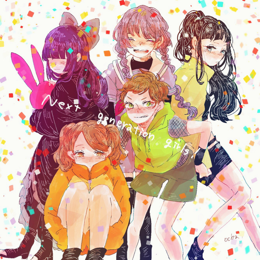 boots, boruto:_naruto_next_generations, braid, brown_hair, cha_(variaireven), closed_eyes, hair_ribbon, highres, izuno_wasabi, kakei_sumire, long_hair, multiple_girls, ponytail, purple_hair, ribbon, short_hair, smile, stuffed_animal, stuffed_toy, suzumeno_namida, twintails