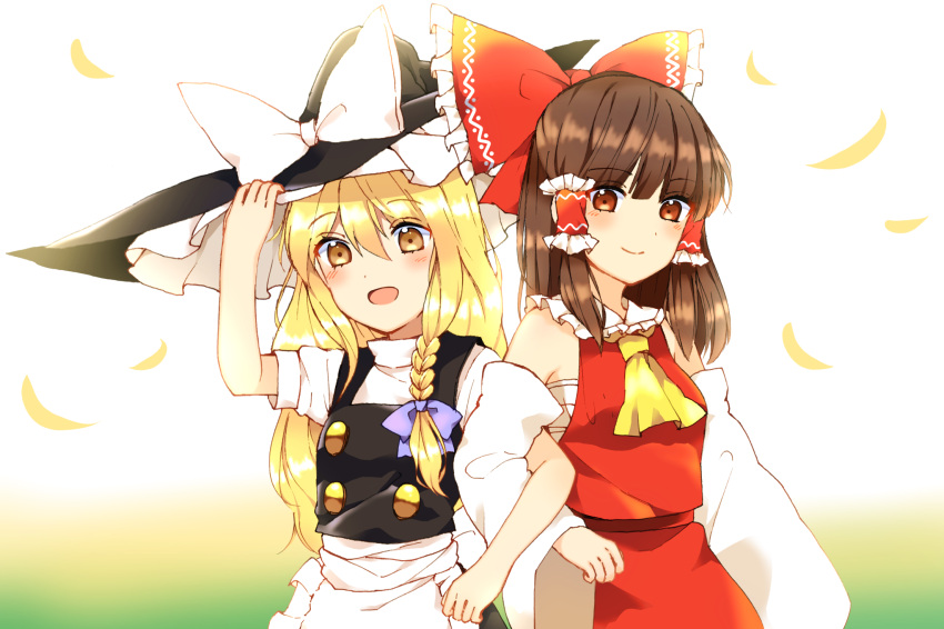 2girls, :d, apron, ascot, blonde_hair, blouse, blush, bow