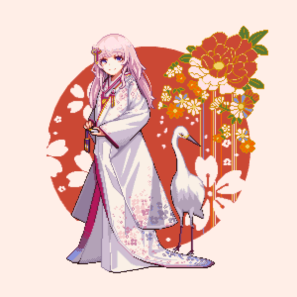 1girl, bird, crane_(animal), dargo, full_body, himeji_(oshiro_project), japanese_clothes, kimono