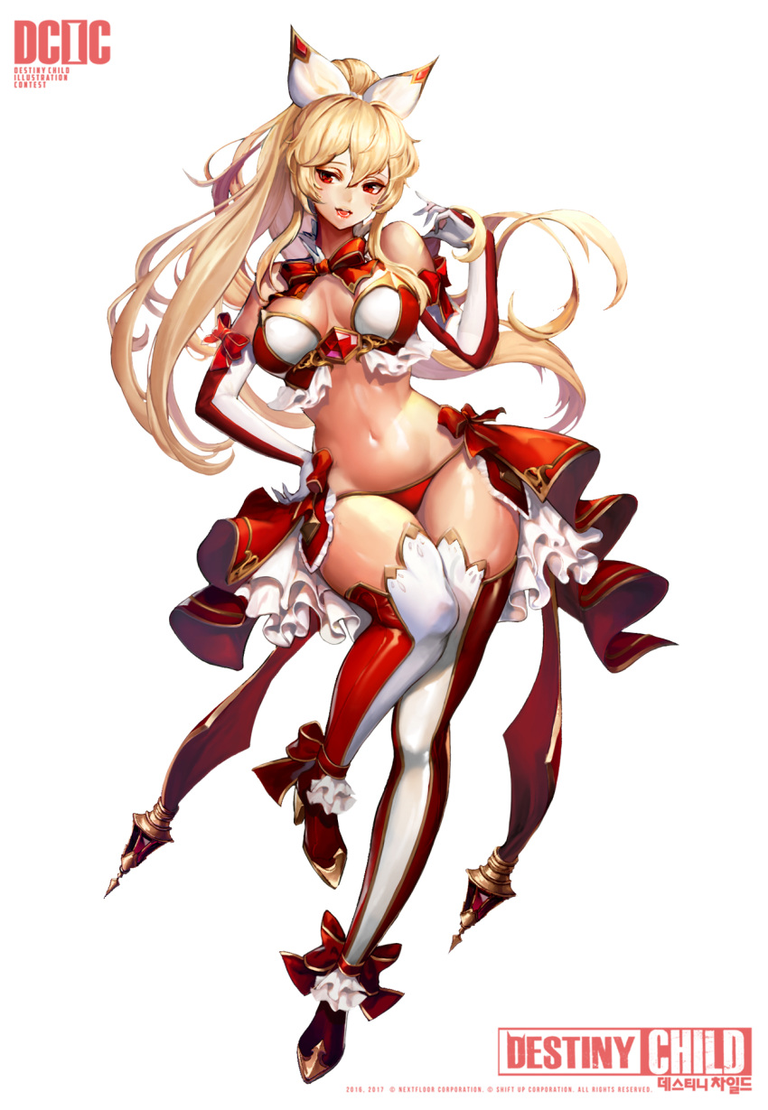 1girl, blonde_hair, boots, bow, breasts, copyright_name, dermiss, destiny_child