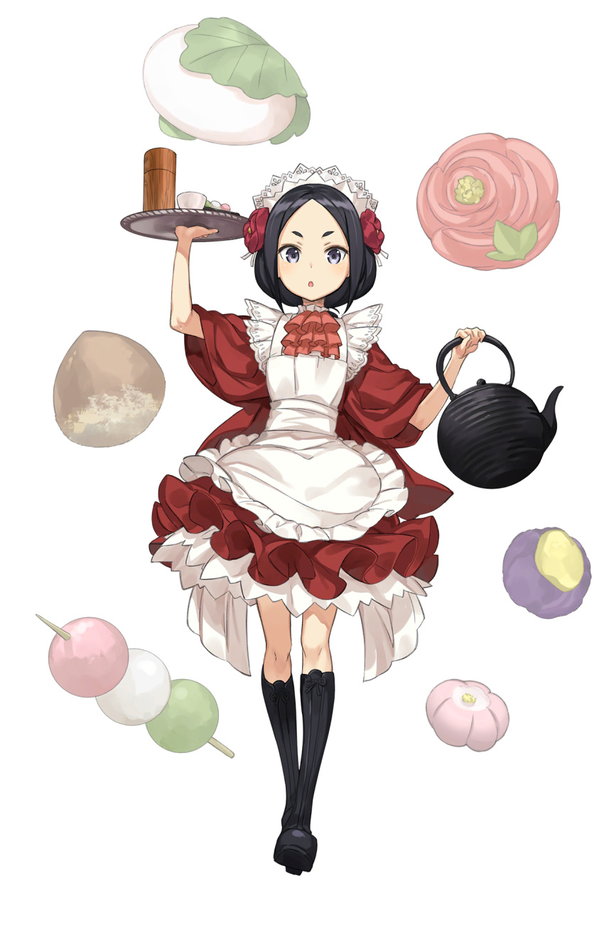 1girl, apron, arm_up, black_boots, black_eyes, black_hair, boots, dango