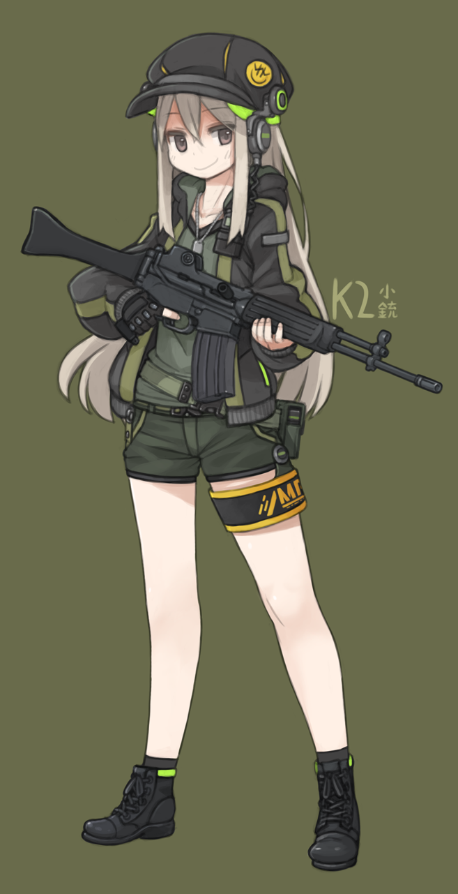 1girl, ankle_socks, assault_rifle, belt, belt_pouch, black_gloves, black_legwear, boots
