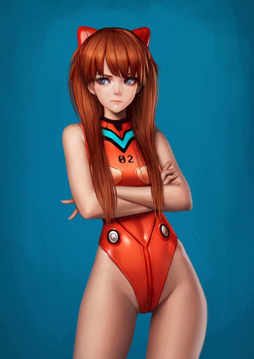 1girl, blue_background, blue_eyes, breasts, closed_mouth, commentary_request, covered_navel, crossed_arms