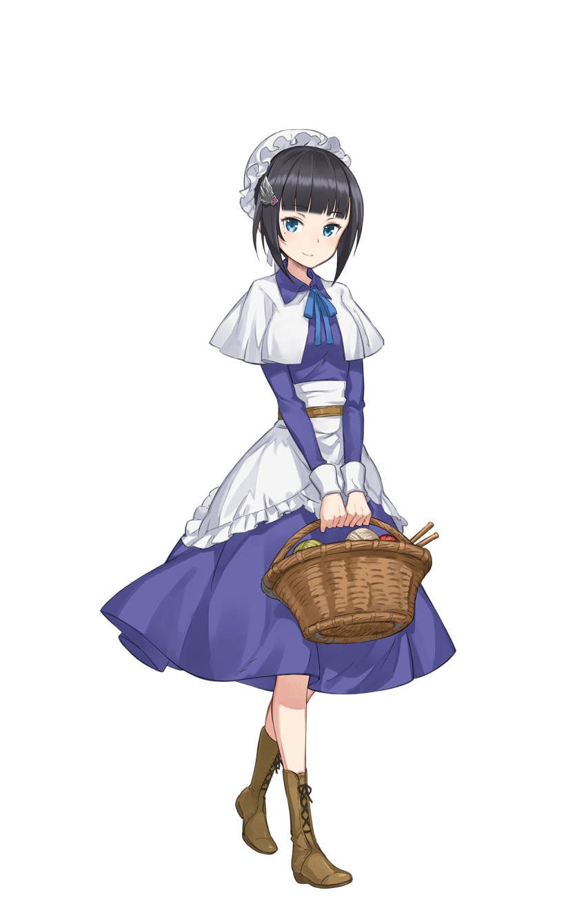 1girl, bangs, basket, black_hair, blue_eyes, blunt_bangs, boots, brown_boots