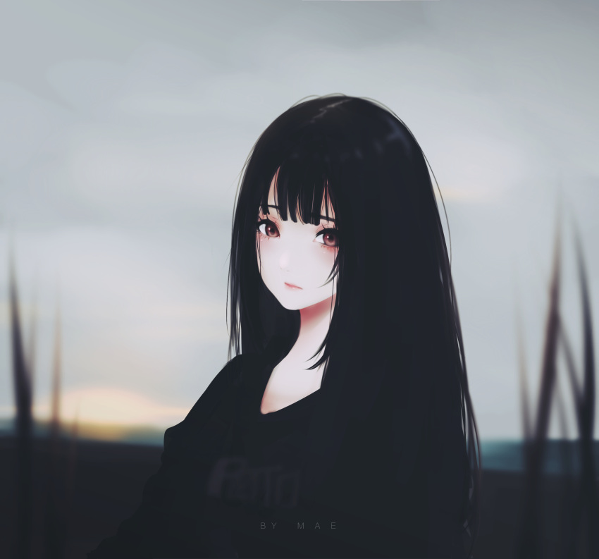 1girl, absurdres, aoi_ogata_(style), artist_name, bangs, black, black_hair, black_shirt, blunt_bangs, borrowed_character, highres, kiraiko, kyrie_meii, long_hair, looking_at_viewer, original, pale_skin, shirt, solo, watermark