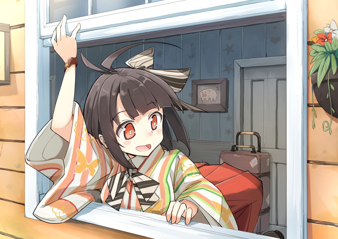 1girl, ahoge, animal_print, black_hair, bow, bowtie, butterfly_print, eyebrows_visible_through_hair, floral_print, hair_bow, hakama, japanese_clothes, kimono, leaning, looking_out_window, looking_to_the_side, meiji_schoolgirl_uniform, open_mouth, open_window, opening_window, original, picture_(object), plant, potted_plant, red_eyes, rolling_suitcase, senhappyaku, solo, striped, striped_bow, striped_kimono, watch, wide_sleeves, window