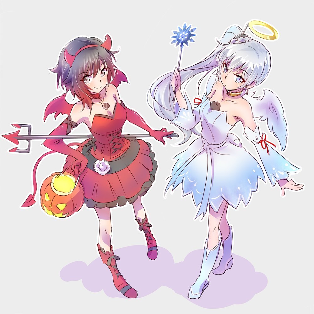 2girls, angel_and_devil, angel_costume, bare_shoulders, black_hair, blue_eyes, breasts, choker