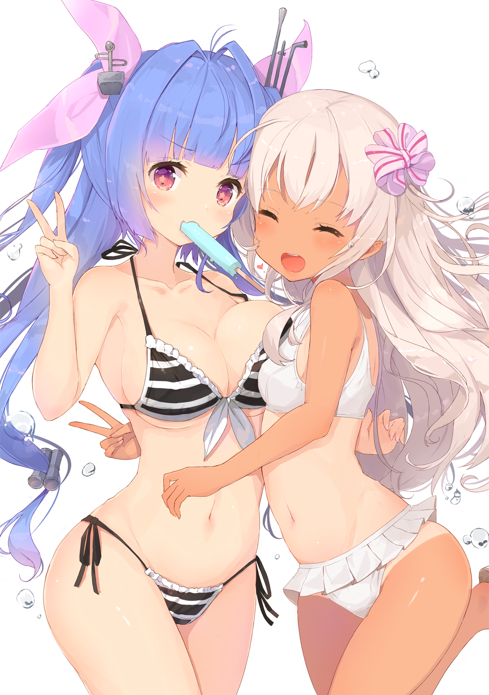 2girls, asymmetrical_docking, bangs, bikini, blue_hair, blush, breast_press, breasts, closed_eyes, collarbone, commentary_request, dark_skin, eyebrows_visible_through_hair, facing_viewer, food, food_in_mouth, front-tie_top, hair_intakes, hair_ribbon, halterneck, heart, highres, hug, i-19_(kantai_collection), kagerou_(shadowmage), kantai_collection, large_breasts, long_hair, looking_at_viewer, mouth_hold, multiple_girls, navel, open_mouth, pink_ribbon, popsicle, red_eyes, ribbon, ro-500_(kantai_collection), side-tie_bikini, simple_background, small_breasts, smile, standing, standing_on_one_leg, star, star-shaped_pupils, striped, striped_bikini, swimsuit, symbol-shaped_pupils, tan, v, water_drop, white_background, white_bikini