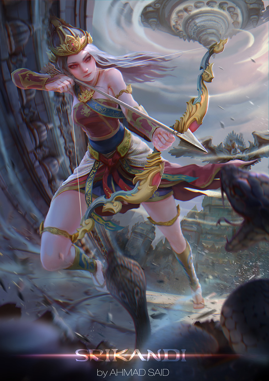 1girl, ahmad_said, aiming, armlet, arrow, artist_name, bare_shoulders, belt, blurry, bow_(weapon), character_name, cobra_(animal), crown, depth_of_field, dress, full_body, grey_hair, hair_ornament, highres, jewelry, long_hair, necklace_removed, quiver, realistic, red_eyes, running, sandals, shin_guards, srikandi, strapless, strapless_dress, temple, thigh_strap, vambraces, weapon