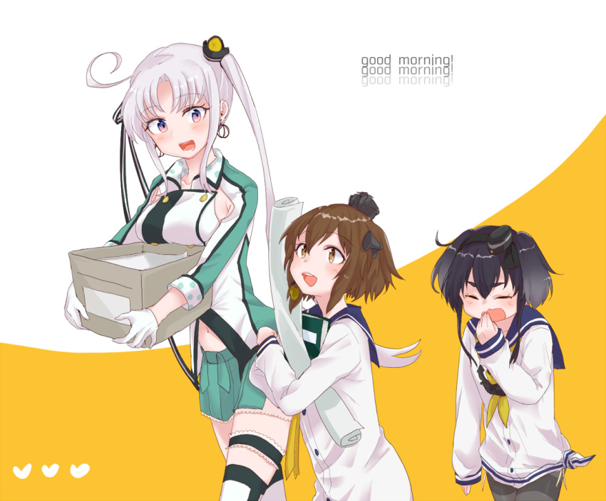 3girls, achii_adachi, akitsushima_(kantai_collection), black_hair, black_legwear, box, breast_rest, breasts