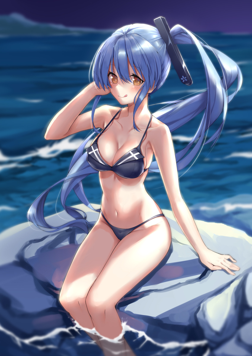 1girl, absurdres, arashi_(zhan_jian_shao_nyu), arm_support, bikini, black_bikini, blue_hair, breasts, cyta_celest, hair_ornament, highres, long_hair, looking_at_viewer, medium_breasts, navel, outdoors, partially_submerged, rock, side_ponytail, sitting, solo, striped, striped_bikini, swimsuit, water, yellow_eyes, zhan_jian_shao_nyu