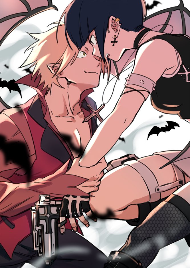 1boy, 1girl, alternate_costume, armlet, bangs, bare_shoulders, bat, bat_wings