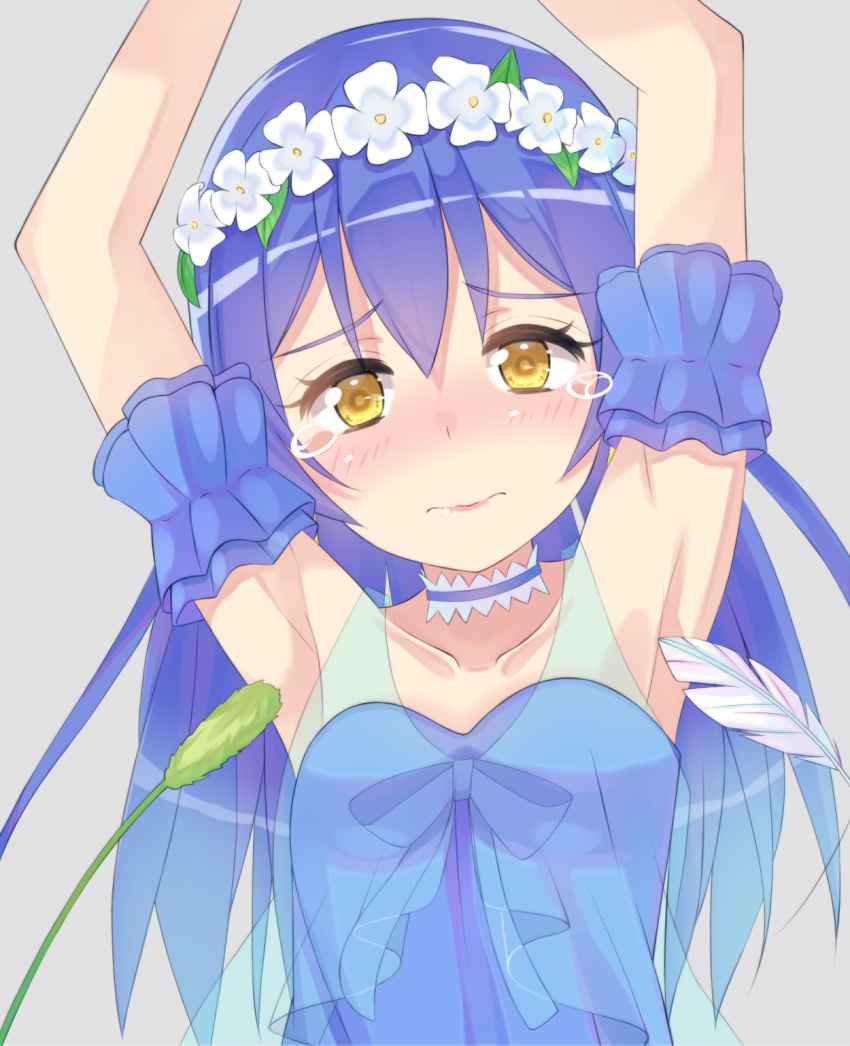 1girl, armpits, arms_up, bangs, blue_hair, blush, cat_teaser, choker