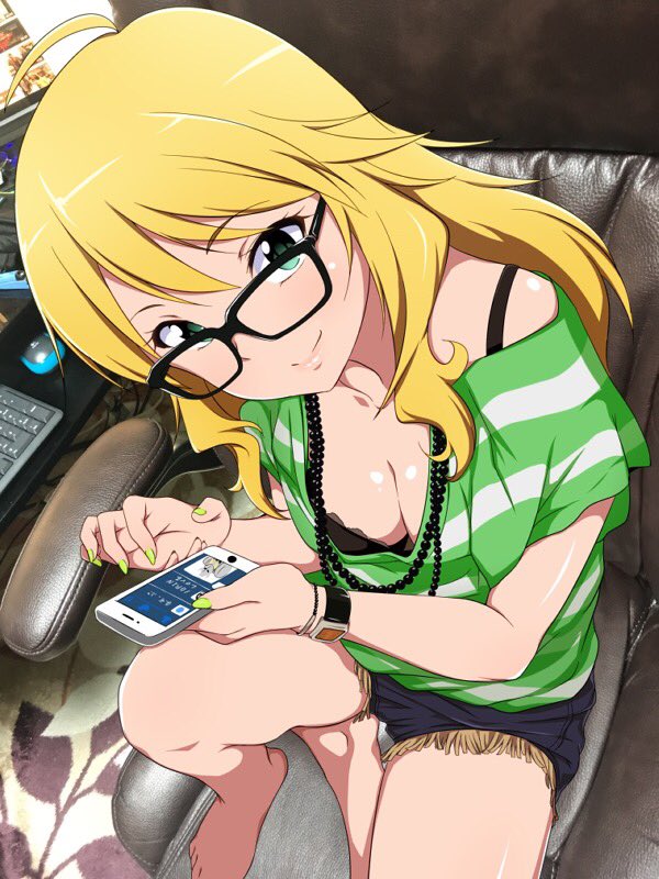 1girl, ahoge, barefoot, black-framed_eyewear, blonde_hair, breasts, cellphone, chair
