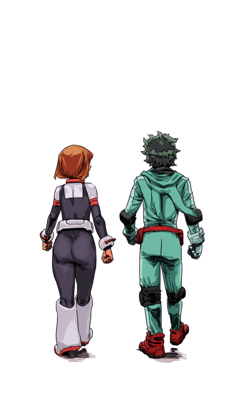 1boy, 1girl, archvermin, bodysuit, boku_no_hero_academia, boots, brown_hair, commentary