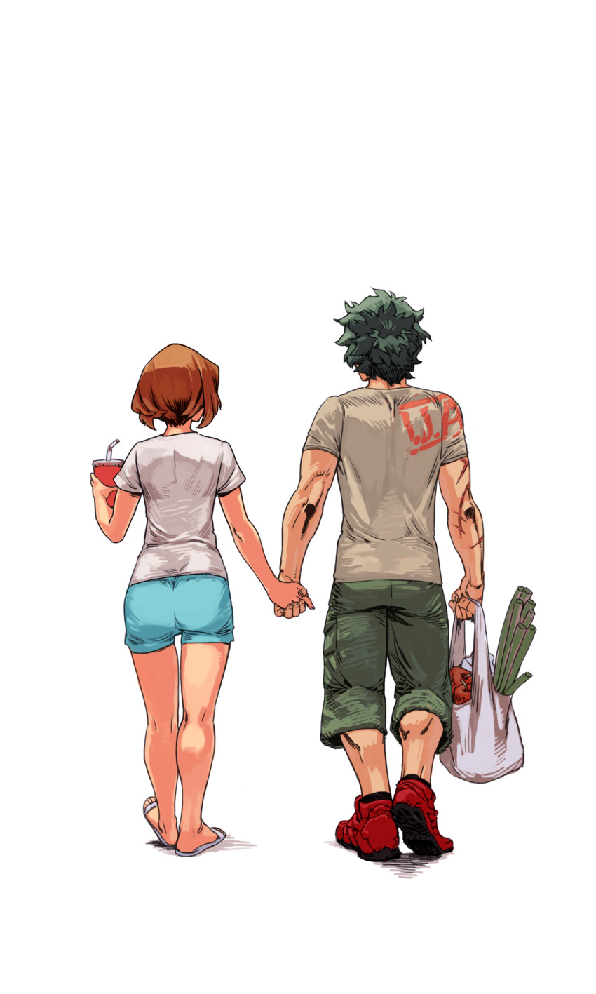 1boy, 1girl, apple, archvermin, bag, bendy_straw, blue_shorts, boku_no_hero_academia