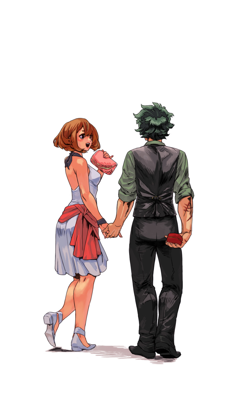 1boy, 1girl, archvermin, bag, boku_no_hero_academia, brown_eyes, brown_hair, dress, facing_away, from_behind, full_body, green_hair, green_shirt, handbag, high_heels, highres, holding, jewelry_box, looking_at_another, midoriya_izuku, older, open-back_dress, shirt, shoes, short_hair, short_sleeves, simple_background, uraraka_ochako, walking, white_background, white_dress, white_shoes