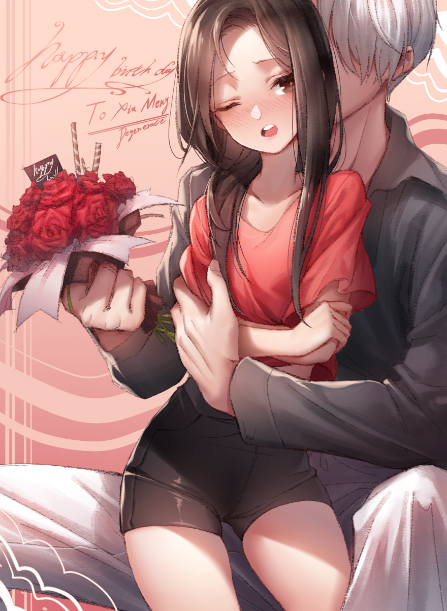 1boy, 1girl, ;d, ballpoint_pen_(medium), black_hair, black_shorts, blouse, blush