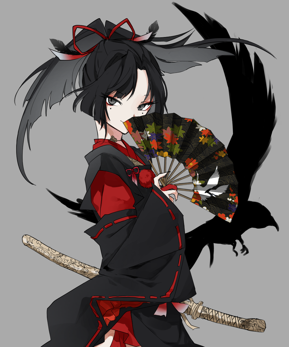 1boy, bangs, bird, black_hair, commentary_request, covering_face, cowboy_shot, crow
