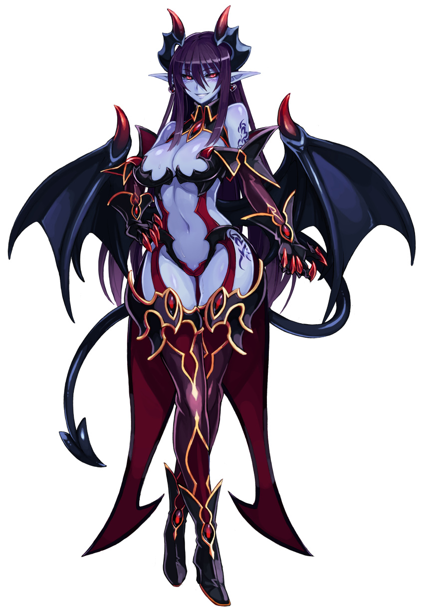 1girl, absurdres, bare_shoulders, black_sclera, blue_skin, blush, breasts, cleavage, demon_(monster_girl_encyclopedia), demon_girl, demon_horns, demon_tail, demon_wings, elbow_gloves, full_body, gloves, highres, horns, kenkou_cross, large_breasts, long_hair, looking_at_viewer, midriff, monster_girl, monster_girl_encyclopedia, navel, official_art, pointy_ears, purple_hair, red_eyes, smile, solo, tail, thigh-highs, wings