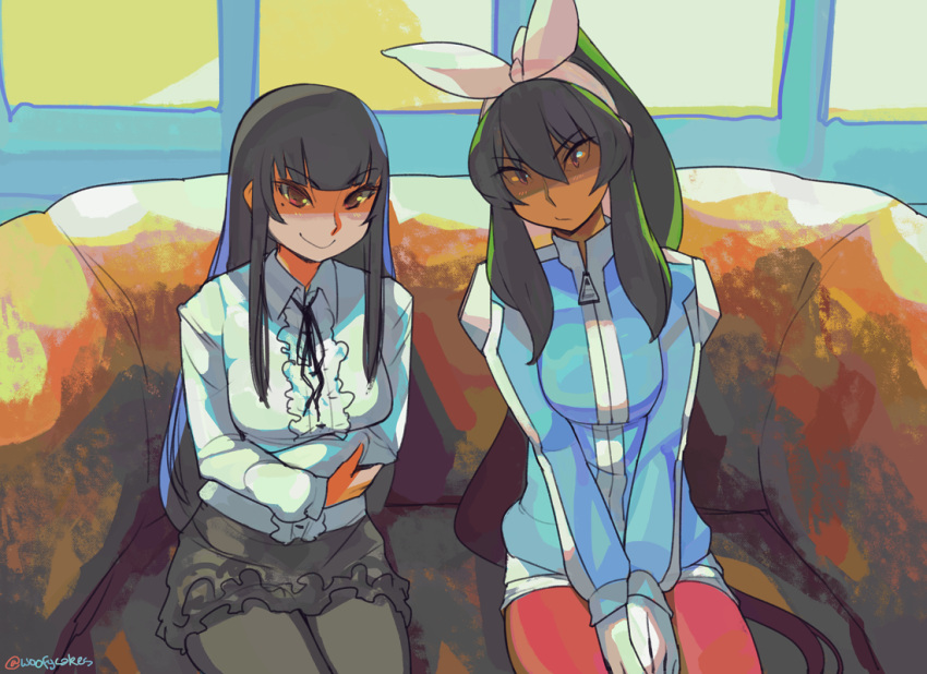 2girls, black_hair, black_ribbon, blue_revolver, couch, eric_muentes, hair_ribbon, high_ponytail