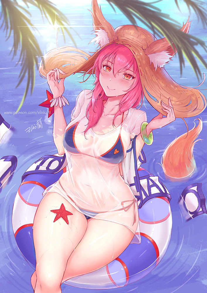 1girl, animal_ears, bikini, blue_bikini, blush, breasts, cleavage, closed_mouth