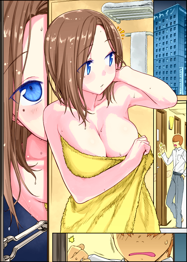 bathing, blush, breasts, cleavage, colorized, door, embarrassed, getsuyoubi_no_tawawa