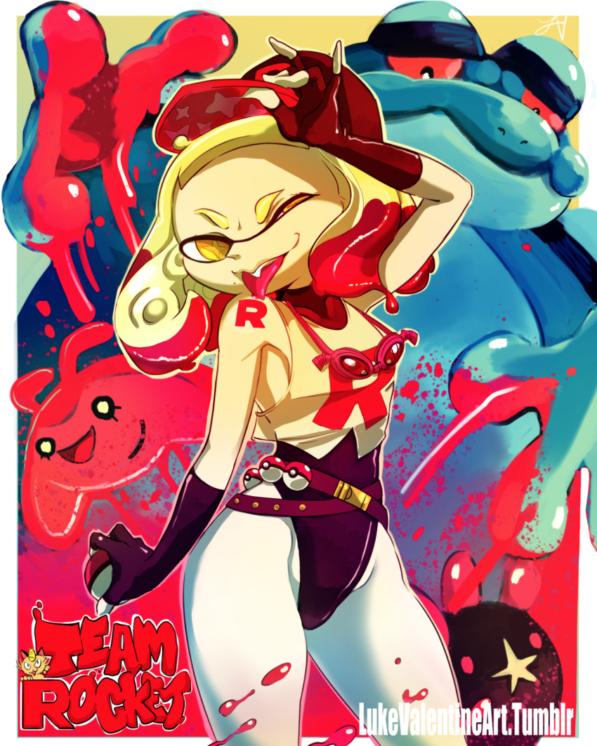 ;p, alternate_costume, alternate_hair_color, baseball_cap, belt, blonde_hair, cosplay, fingerless_gloves