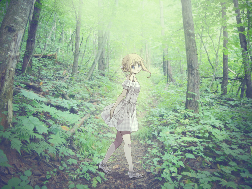 1girl, aislinn_wishart, alternate_hairstyle, blonde_hair, blue_eyes, commentary_request, dress, forest