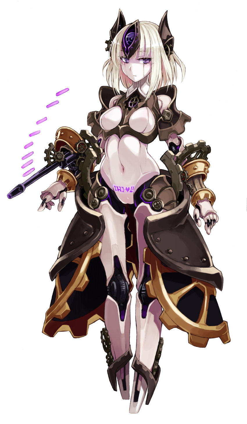 1girl, absurdres, android, armor, automaton_(monster_girl_encyclopedia), blonde_hair, body_writing, breasts, bullet, full_body, gears, gun, highres, kenkou_cross, looking_at_viewer, medium_breasts, monster_girl_encyclopedia, navel, no_feet, official_art, pubic_tattoo, robot, robot_ears, robot_joints, short_hair, simple_background, solo, standing, steampunk, tattoo, violet_eyes, weapon, white_background, white_hair