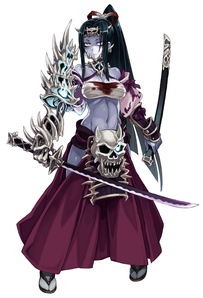 1girl, absurdres, black_hair, blood, blood_stain, blue_skin, blush, bone, breasts, closed_mouth, frown, full_body, glowing, glowing_eye, hair_ribbon, hakama, hakama_skirt, highres, hip_vent, holding, holding_sword, holding_weapon, japanese_clothes, katana, kenkou_cross, large_breasts, long_hair, looking_at_viewer, monster_girl, monster_girl_encyclopedia, navel, ochimusha_(monster_girl_encyclopedia), official_art, ponytail, ribbon, sheath, simple_background, skeletal_arm, skull, solo, sword, teeth, unsheathed, weapon, white_background, yellow_eyes