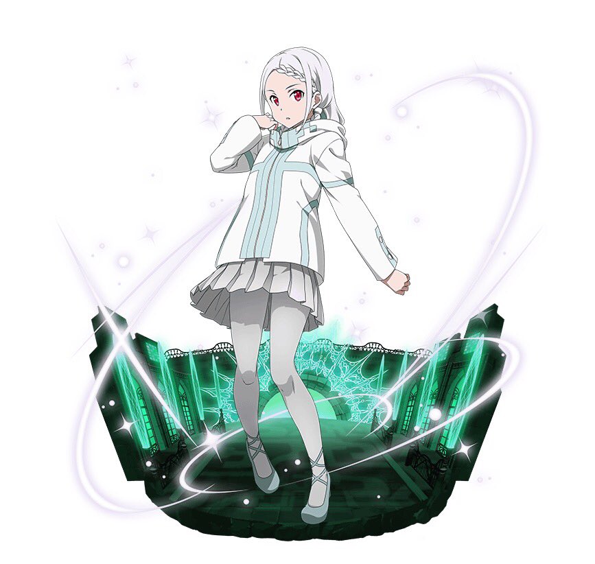 1girl, full_body, grey_legwear, grey_skirt, long_hair, looking_at_viewer, miniskirt, pantyhose, parted_lips, pleated_skirt, red_eyes, silver_hair, simple_background, skirt, solo, standing, sweater, sword_art_online, white_background, white_sweater, yuna_(sao)