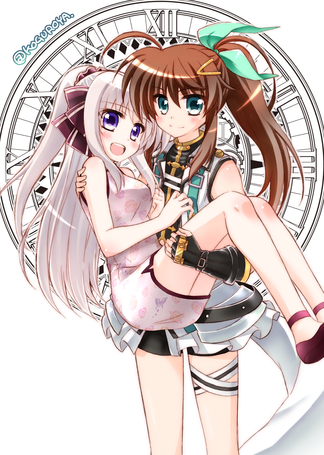 2girls, :d, ahoge, bike_shorts, black_gloves, black_shorts, brown_hair, carrying