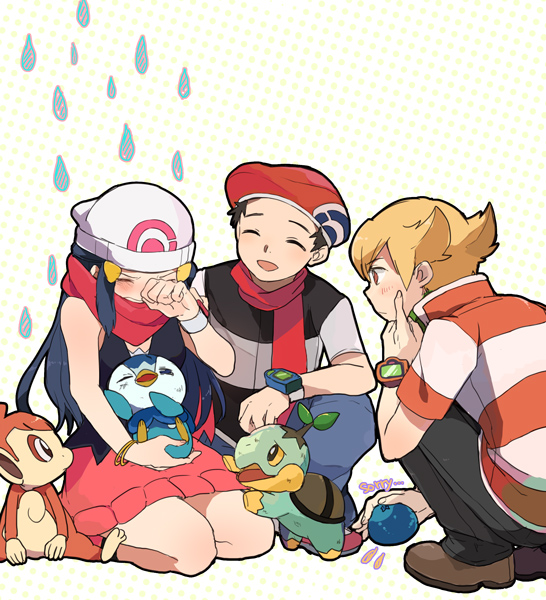 1girl, 2boys, beanie, beret, berry, black_hair, blonde_hair, blue_hair