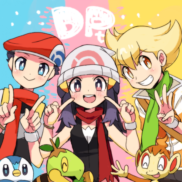 1girl, 2boys, beanie, beret, black_eyes, black_hair, blonde_hair, blue_eyes
