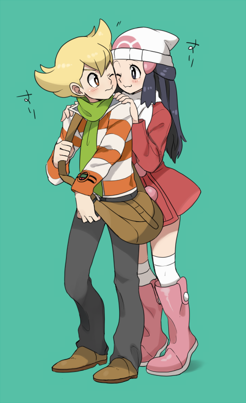 1boy, 1girl, bag, beanie, behind_another, black_eyes, black_hair, blonde_hair
