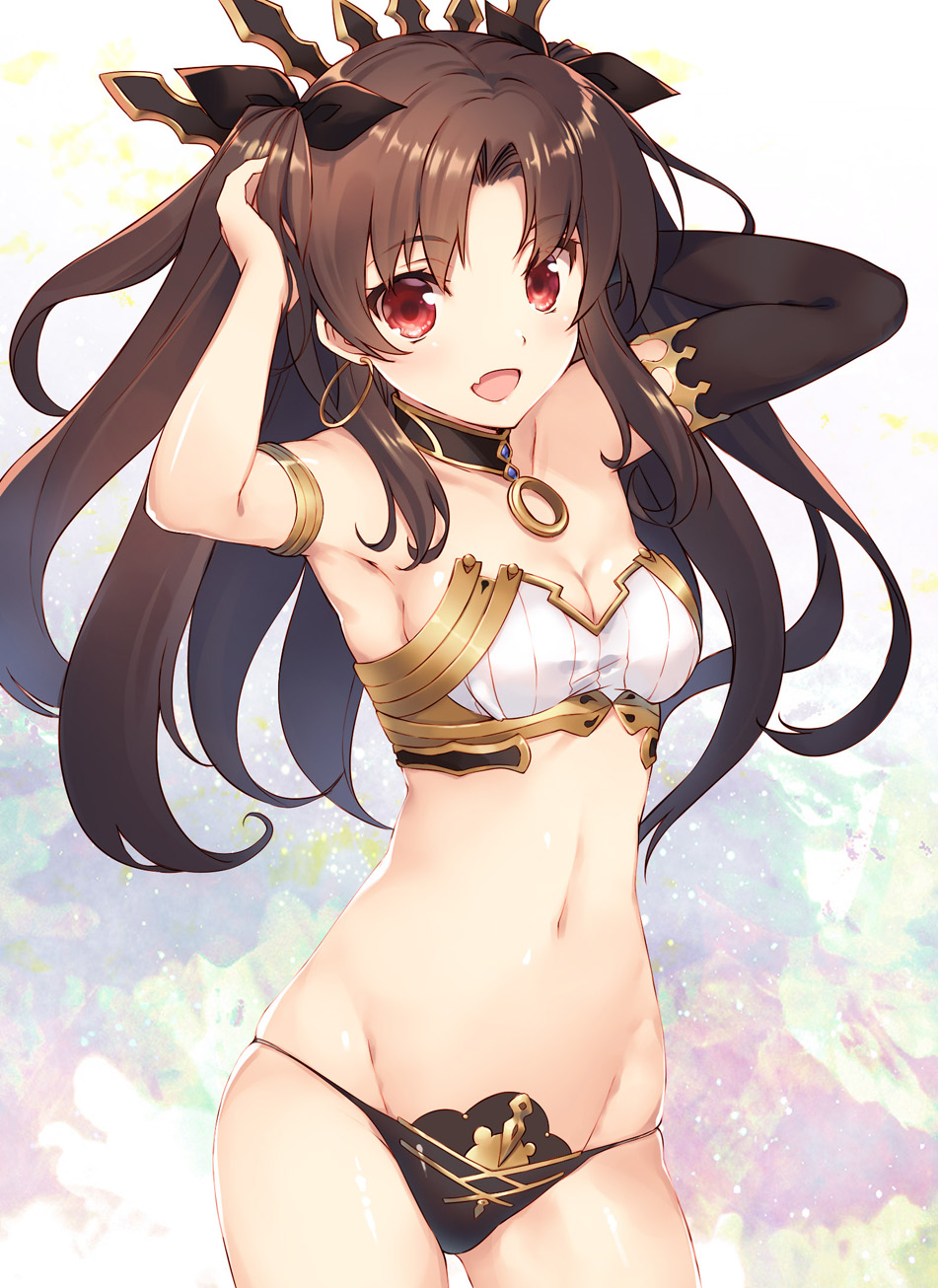 1girl, armlet, armor, arms_up, asymmetrical_gloves, bangs, bare_shoulders, black_panties
