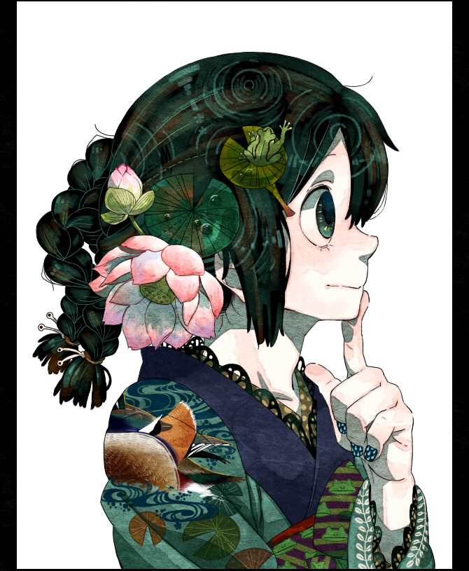 1girl, alternate_hairstyle, animal_print, asui_tsuyu, blue_nails, boku_no_hero_academia, braid, collarbone, commentary_request, finger_to_mouth, flower, frog, frog_print, from_side, green_eyes, green_hair, hair_tie, japanese_clothes, kimono, lily_pad, looking_away, lotus, nail_art, nail_polish, nekodou_(yukatin1000), pale_skin, simple_background, solo, upper_body, white_background