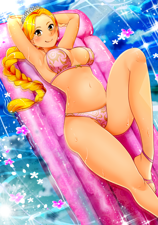 1girl, armpits, arms_behind_head, bikini, blonde_hair, blush, braid, breasts