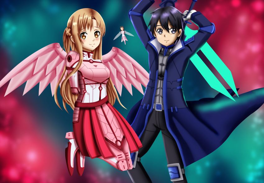 alternate_costume, angel, angel_wings, arms_behind_back, asuna_(sao), background, black_coat, black_eyes