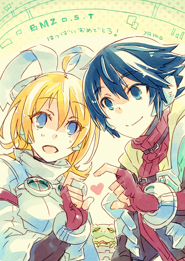 1boy, 1girl, alien, artist_name, black_hair, blaster_master_zero, blonde_hair, blue_eyes
