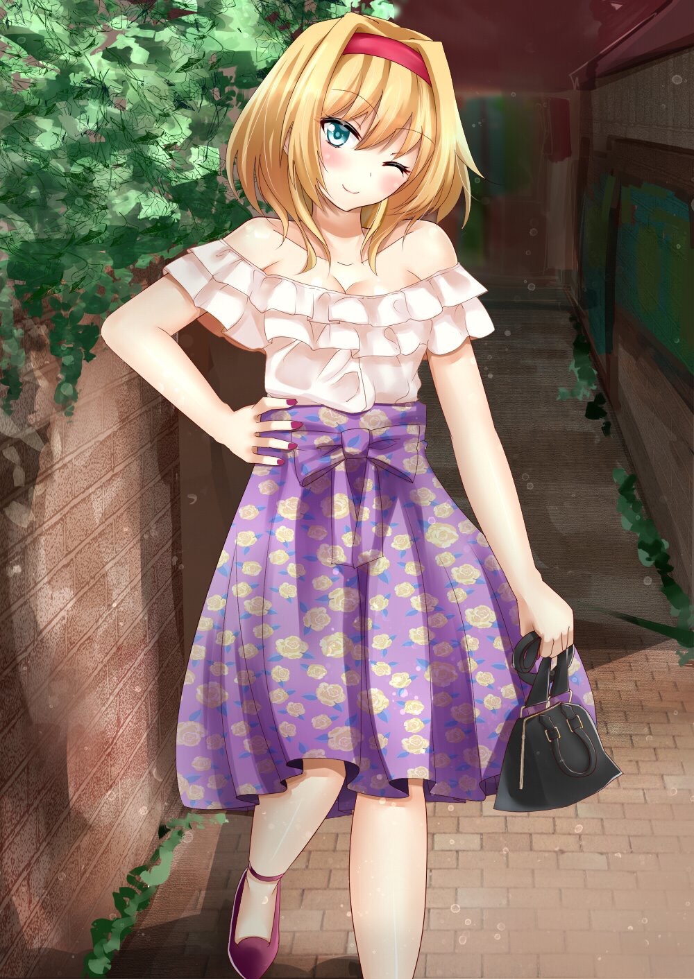 1girl, ;), alice_margatroid, alternate_costume, ankle_ribbon, bag, bare_shoulders, blonde_hair