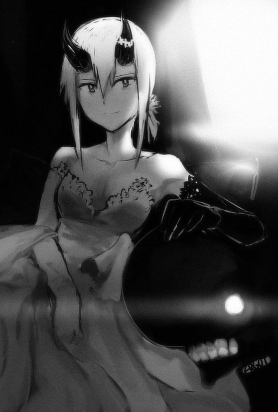 alternate_costume, artist_name, asymmetrical_gloves, black_gloves, breasts, dress, elbow_gloves, ergot